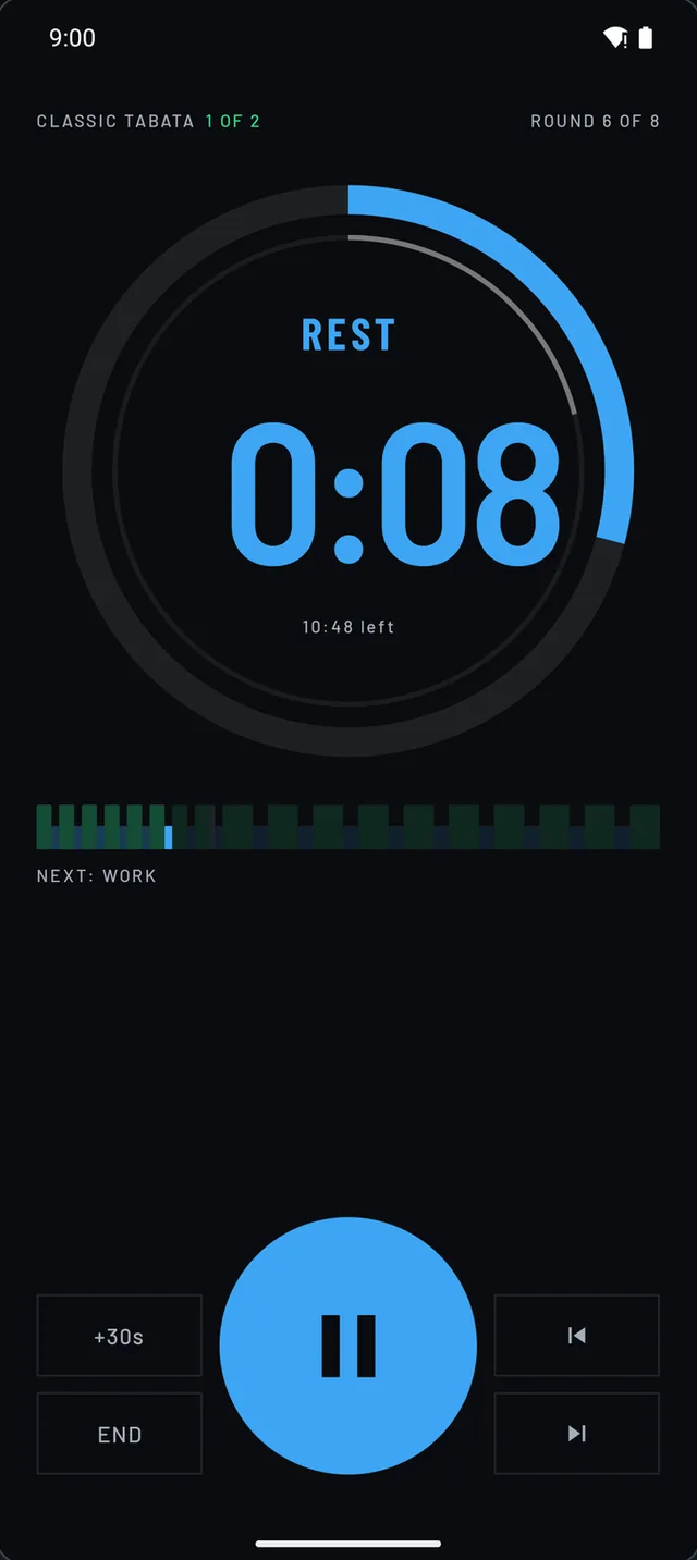 The rest phase of a Tabata round: REST and 0:08 in large blue digits, round 6 of 8, next: work.