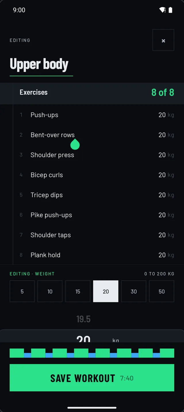 Editing an upper body workout: eight named exercises, each set to 20 kg, with quick weight choices from 5 to 50 kg.