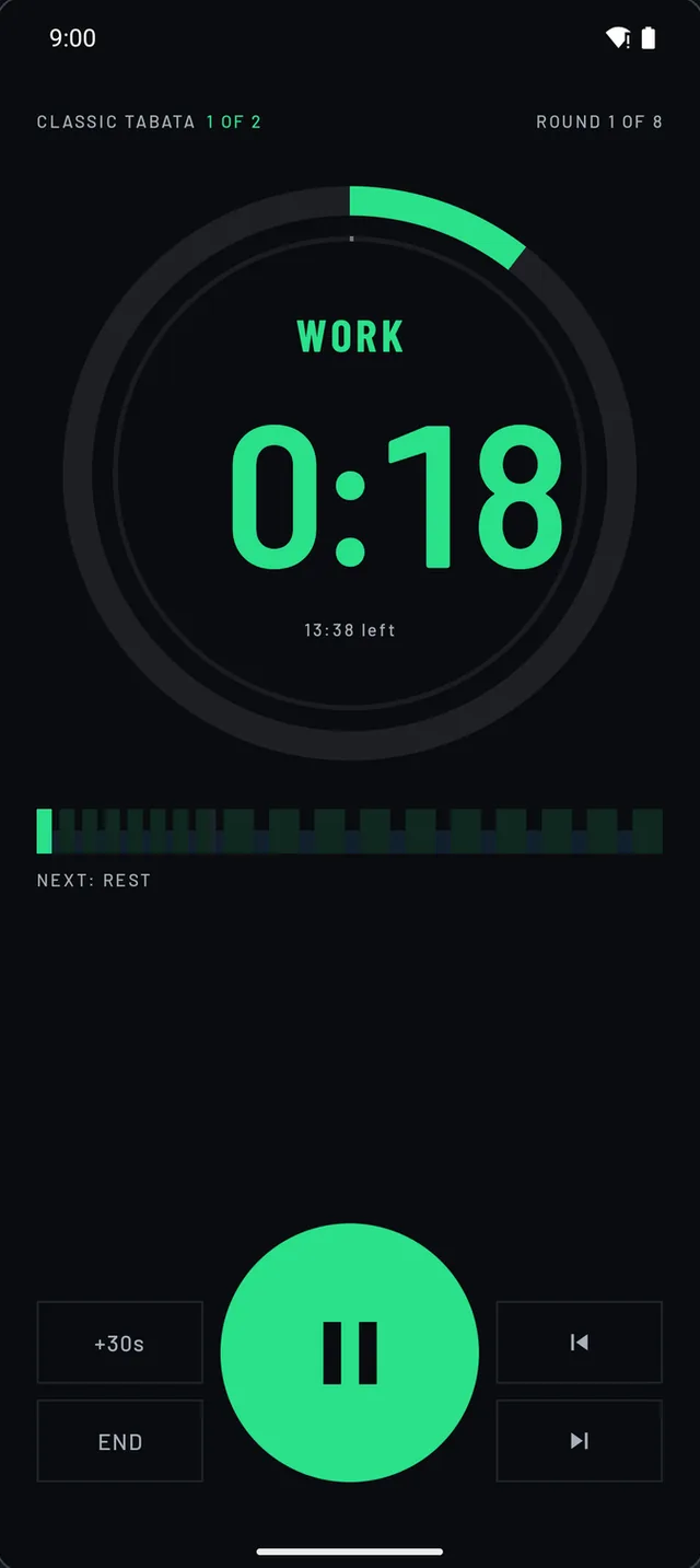 Interval Timer during a Classic Tabata workout: WORK and 0:18 in large green digits, round 1 of 8, with pause, skip and +30s controls.