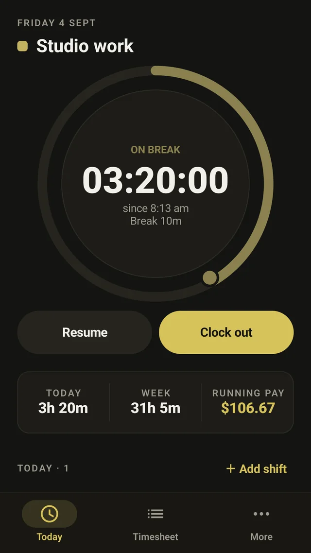 A shift on an unpaid break: ON BREAK and 03:20:00, break 10 minutes, with Resume and Clock out buttons.