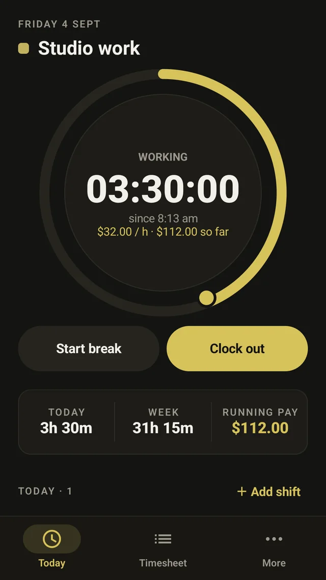 Hours Tracker during a shift at Studio work: WORKING and 03:30:00 in a gold ring, since 8:13 am, $32.00 an hour and $112.00 so far, with Start break and Clock out buttons.