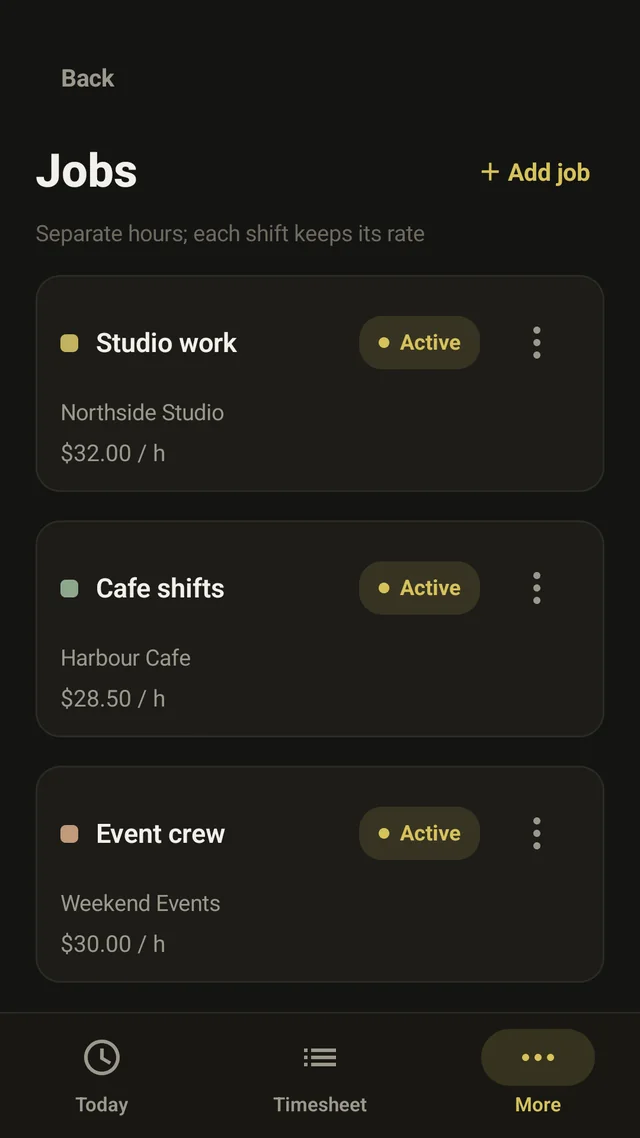 The Jobs screen with Studio work, Cafe shifts and Event crew, each with its own client and hourly rate.